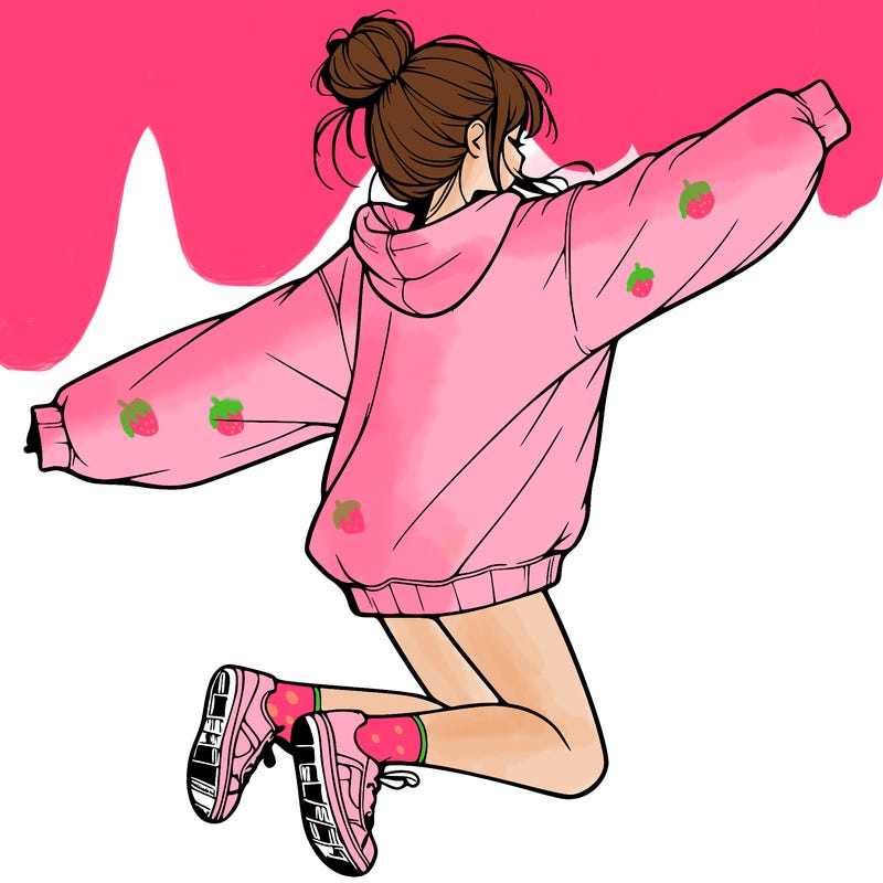 realistic girl jumping with a bun and oversized sweatshirt