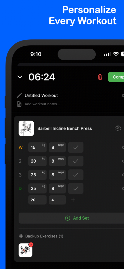 Fitlog Workout Tracker Gym Log - Interfaz de la aplicación Fitlog para registrar series y repeticiones de un entrenamiento de gimnasio