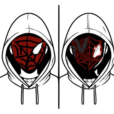 a person with a hoodie and no face, the drawing is split in 2