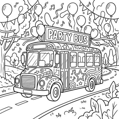 Get ready to roll with excitement with this fantastic party bus coloring page, specially designed for kids! Filled with festive decorations and musical notes, it's the perfect canvas for a celebration.