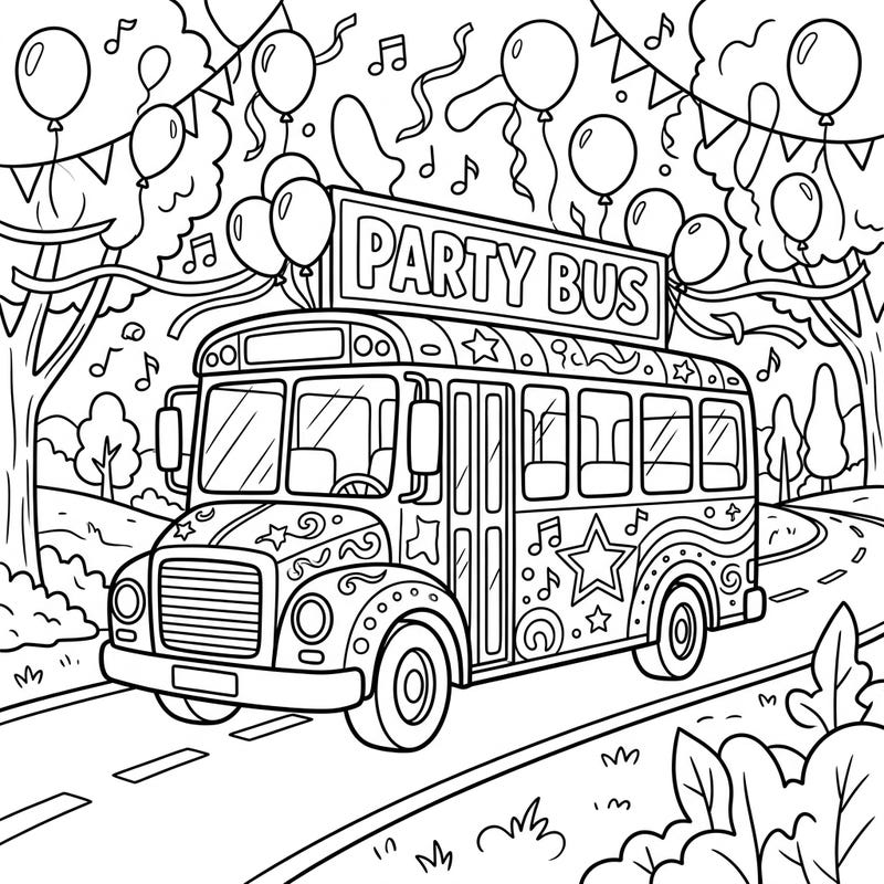 Get ready to roll with excitement with this fantastic party bus coloring page, specially designed for kids! Filled with festive decorations and musical notes, it's the perfect canvas for a celebration.
