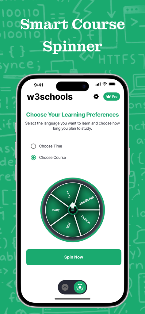 Una pantalla móvil que muestra la aplicación W3School con una rueda gamificada Smart Course Spinner para seleccionar lenguajes de programación.