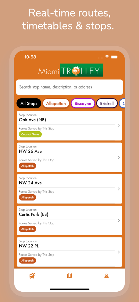 Miami Trolley Tracker app interface displaying a list of real-time trolley stops and routes