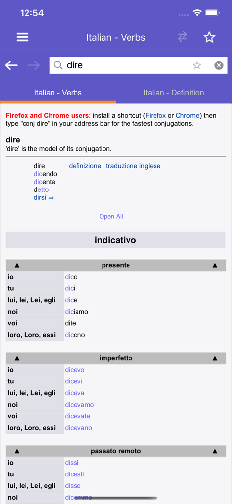Italian verb conjugation table for the word dire in the WordReference Dictionary app
