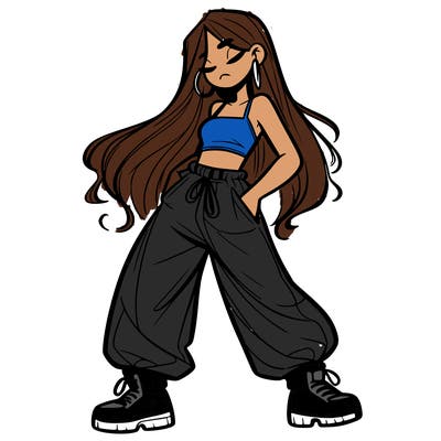 girl in baggy pants crop top and long hair