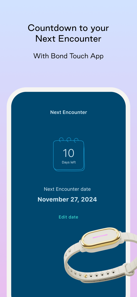 Pantalla de smartphone que muestra la cuenta atrás de la aplicación Bond Touch para el próximo encuentro de una pareja.