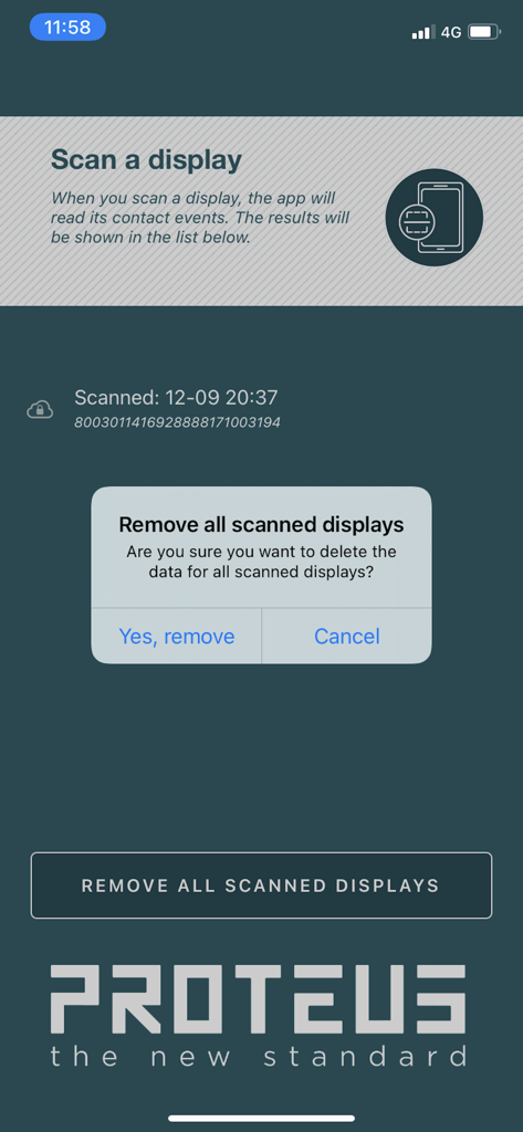 Confirmation dialog in the Proteus Smart Display app to delete data for all scanned displays.