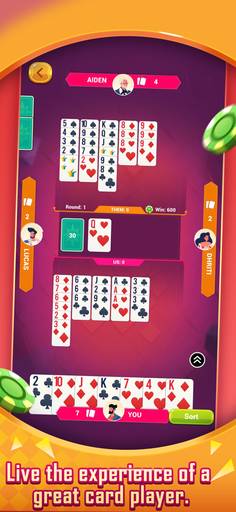 Buraco  Card Game - マッチ中のカードシーケンスとプレイヤーアバターを示すマルチプレイヤーブラコ カードゲームインターフェース