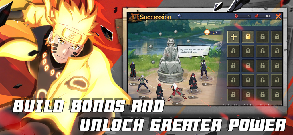 Naruto in Sage of Six Paths mode next to the Succession character menu showing a ninja squad