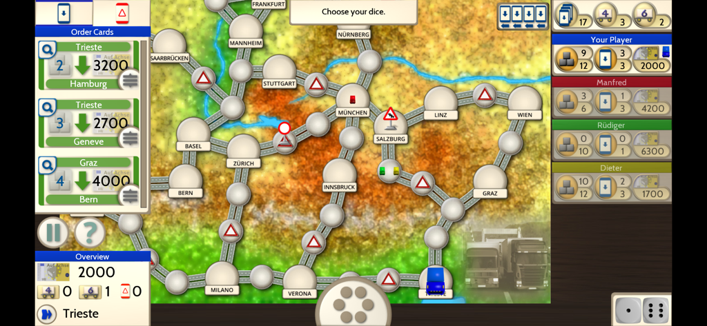 Auf Achse Board Game - A digital board game interface showing a map of Central Europe with truck routes and freight order cards