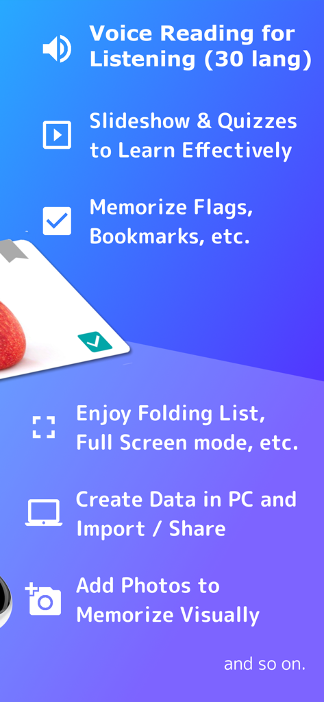 A summary of WordHolic study features including voice reading, quizzes, bookmarks, and PC data import.
