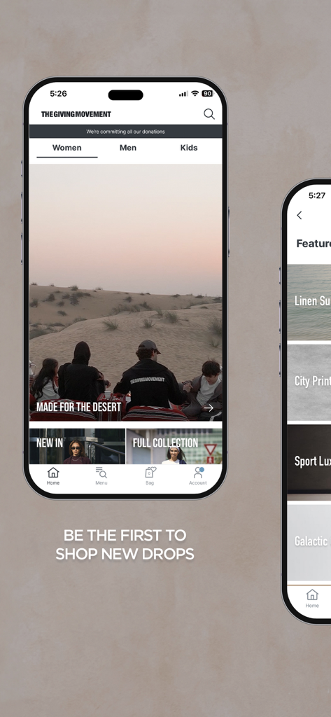 The Giving Movement - Home screen of The Giving Movement app featuring new collections and desert inspired athleisure