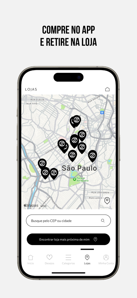 AREZZO - Arezzo app interface showing a map of physical store locations for order pickup