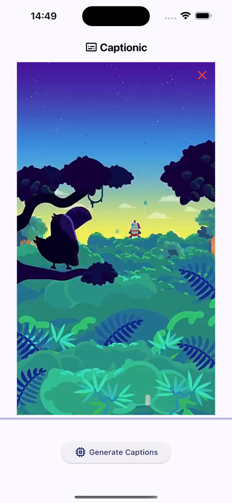 Captionic - AI Video Captions - Captionic mobile app interface featuring a video preview and a button to generate AI captions.