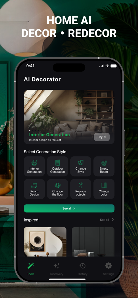 AI Interior: Home Space Design - AI Interior App-Oberfläche, die Werkzeuge für Home Space Design und Neugestaltung zeigt