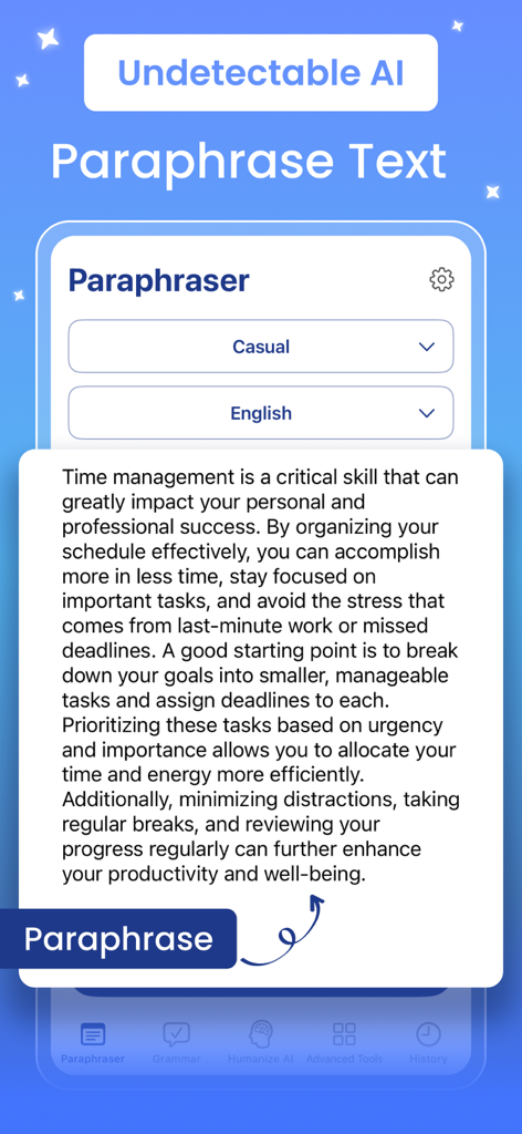 Rewrite: Paraphrase Tool - Interface of the Rewrite app showing the Paraphraser tool with options for casual tone and English language.