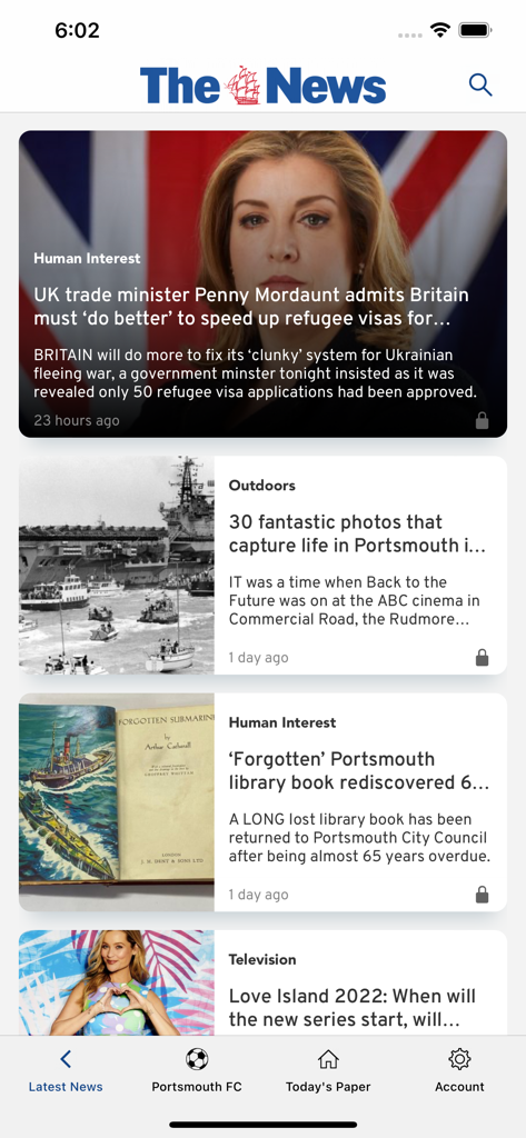 The Portsmouth News Newspaper - Latest news feed on The Portsmouth News app featuring local human interest stories and navigation for Portsmouth FC and the digital newspaper edition.