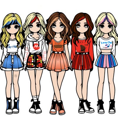 group of 6 realistic girls in a row