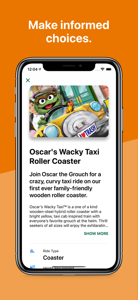 Sesame Place - Pantalla de la aplicación Sesame Place que muestra detalles y una descripción de la montaña rusa Oscar's Wacky Taxi