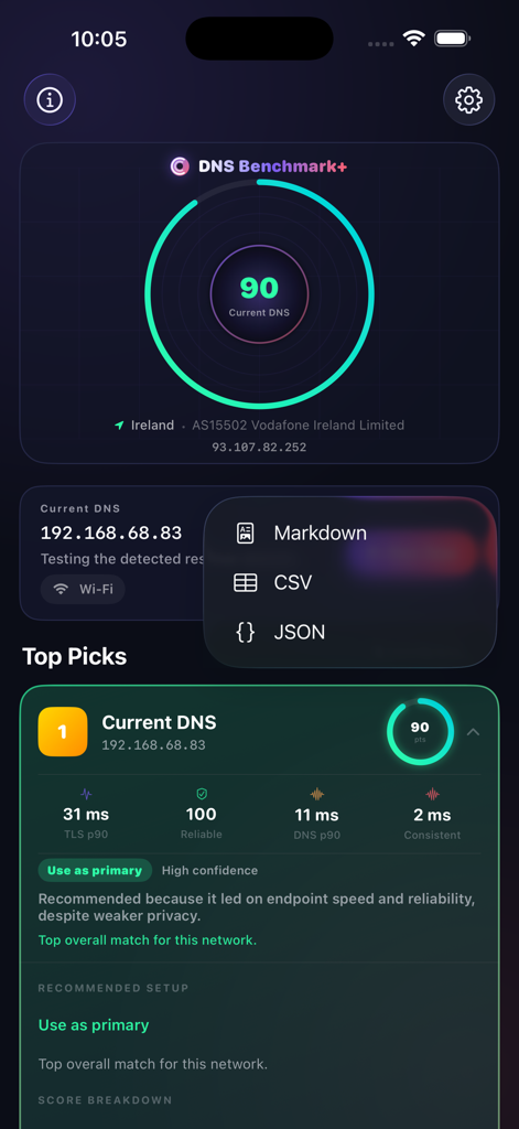 DNS Benchmark+ - DNS Benchmark plus app screen showing network performance metrics and a data export menu with Markdown CSV and JSON options