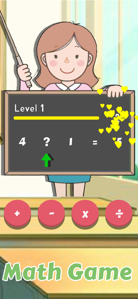 A math game screen featuring a teacher character and a chalkboard with a simple addition problem.