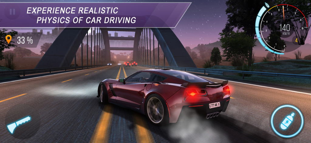 A red sports car speeding across a bridge in the mobile game CarX Highway Racing
