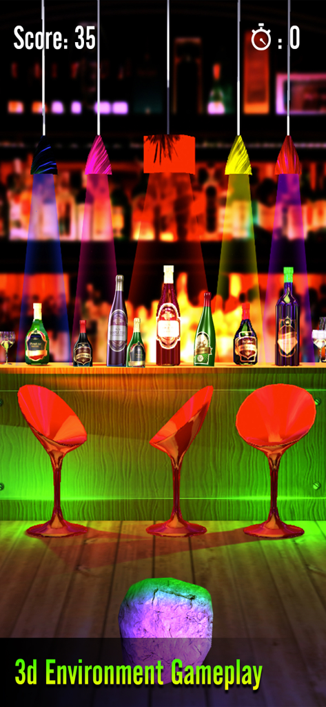 BottleShoot-Shoot Bottles - BottleShoot 3D gameplay showing bottles on a bar counter and a stone projectile