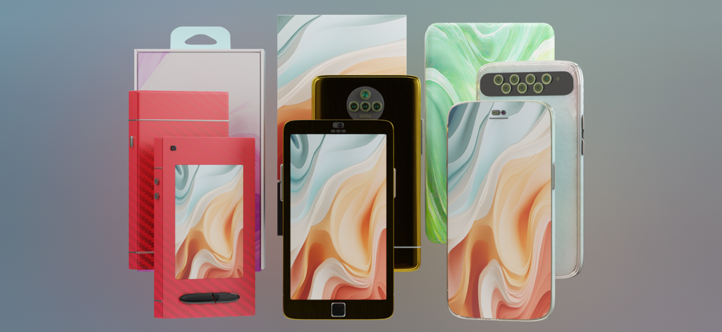 A collection of custom designed smartphones and packaging with various colors and textures from Devices Tycoon Simulator