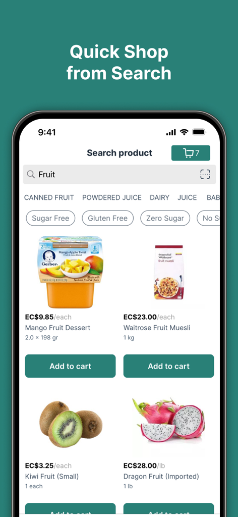 Real Value IGA Online Store - Search results screen in the Real Value IGA app displaying various fruit products with prices and add to cart buttons.