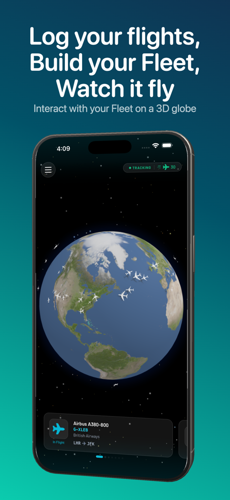 Fleet: Planes You’ve Flown - Interface of the Fleet app showing a 3D globe with airplanes being tracked in real time