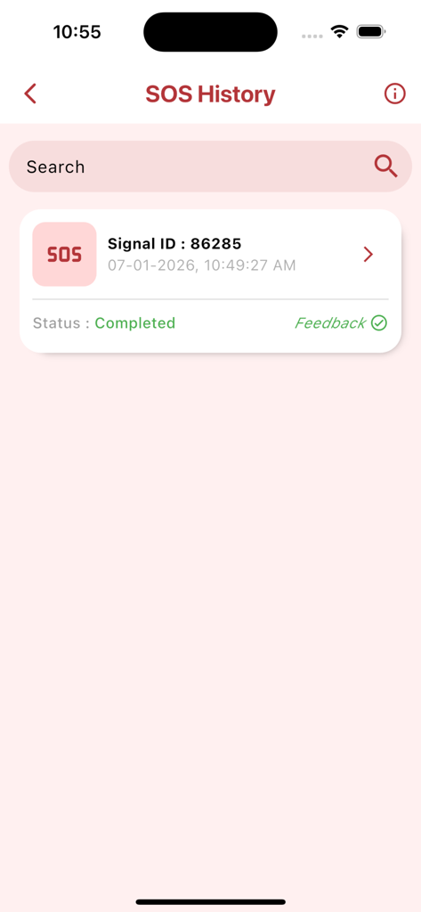 112 India - SOS history screen of the 112 India app showing a completed emergency signal record