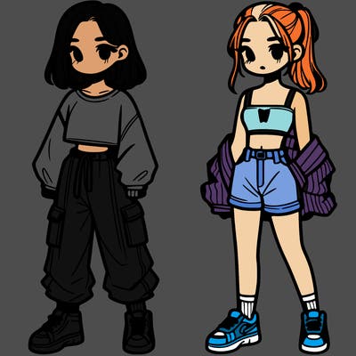 a girl with baggy shirt cargo pants and a girl wearing a crop top with shorts.