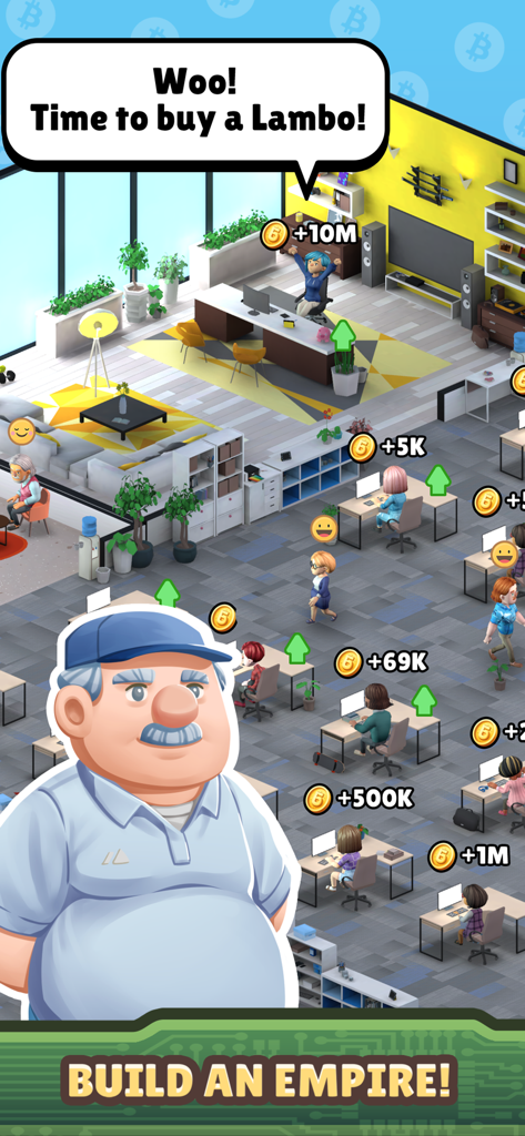 Bitcoin Empire - Un ufficio virtuale vivace nel gioco mobile Bitcoin Empire dove i giocatori gestiscono i lavoratori per guadagnare valuta e costruire il loro impero di magnati.