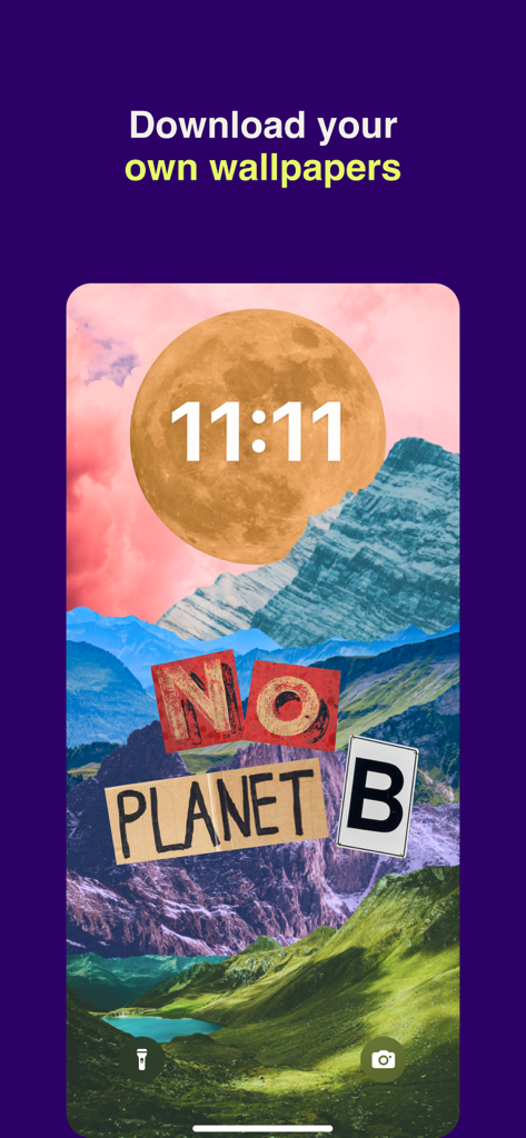 Ein benutzerdefiniertes Collage-Hintergrundbild auf dem Sperrbildschirm eines iPhones mit Bergen, einem Mond und dem Text No Planet B