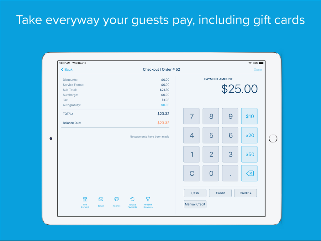 Revel POS - 2.79 - iPad screen showing the checkout and payment interface of the Revel POS app with options for cash and credit payments.