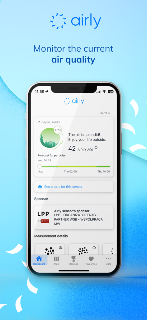 Airly mobile app dashboard showing a splendid air quality index and outdoor activity recommendation on a smartphone screen.