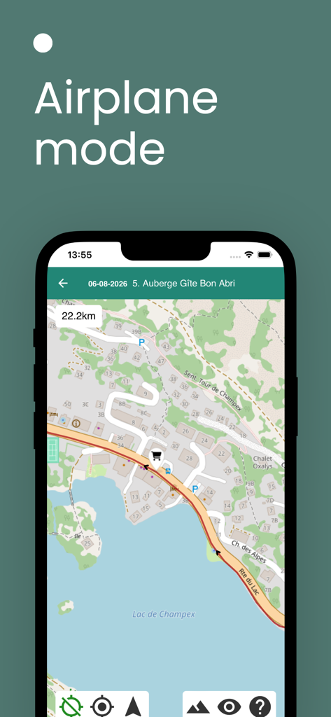 TMBmap - TMBmap app screen showing a detailed hiking route map around Lac de Champex with airplane mode text overlay
