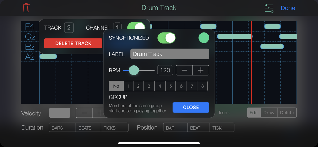 Interface de WiDI MIDI Studio montrant les paramètres du séquenceur de pistes de batterie et les contrôles de BPM.