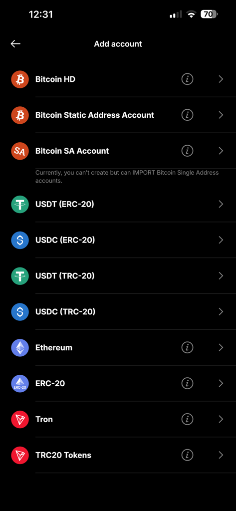 Mycelium Wallet - Screenshot of the Add account screen in Mycelium Wallet showing options for Bitcoin, USDT, Ethereum, and Tron accounts