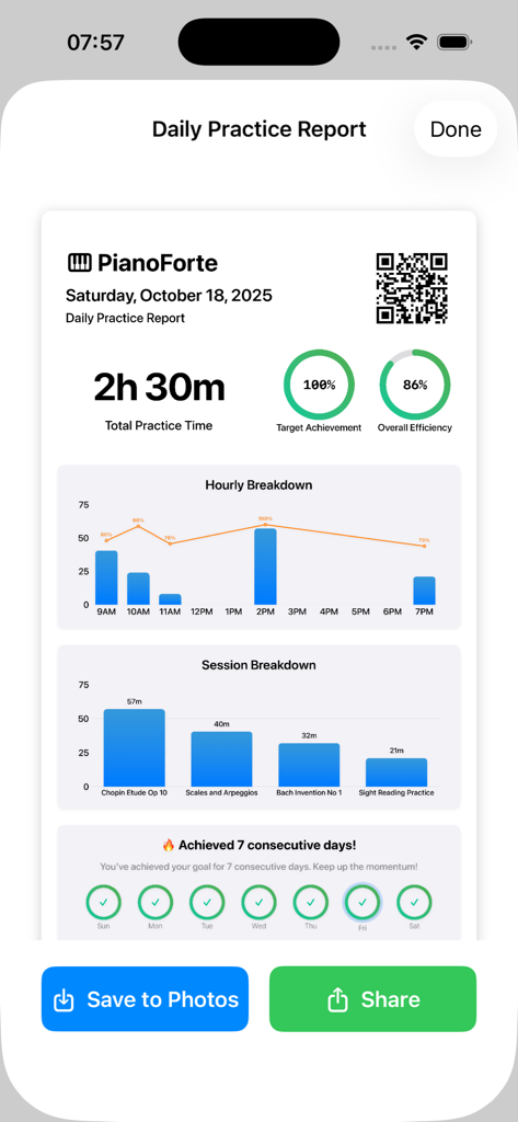 PianoForte: Practice Companion - Un informe diario detallado de práctica de la aplicación PianoForte que muestra el tiempo de práctica, los desgloses de la sesión y un resumen de la racha de siete días.