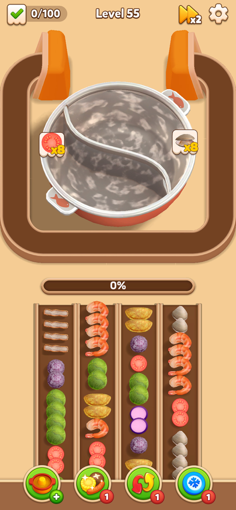 Mobile game interface of Hotpot Flow showing food ingredients on a conveyor belt ready to be added to a hot pot.
