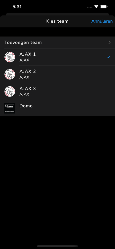 LED Scores - Mobile interface showing a list of sports teams and logos to display on an LED screen