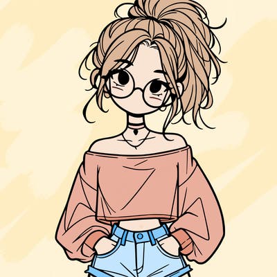 girl with a messy ponytail glasses a baggy crop top and jean shorts