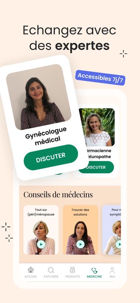 Omena - menopause - Interface do aplicativo Omena mostrando opções para conversar com especialistas médicos e acessar vídeos de aconselhamento médico para menopausa.