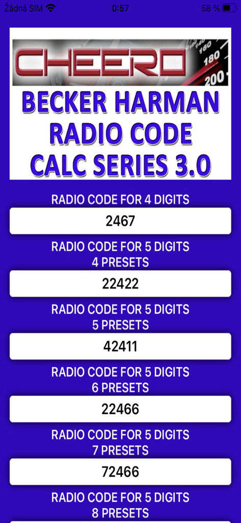 Becker Harman radio code calculator app displaying unlock codes for car stereos