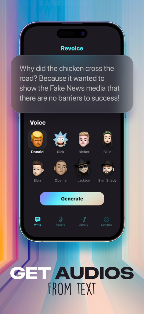 Revoice mobile app interface showing text to speech generation with celebrity AI voice selections