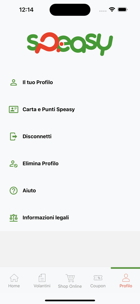Schermata del profilo utente dell'app Speasy che mostra opzioni per punti delle carte fedeltà e impostazioni dell'account