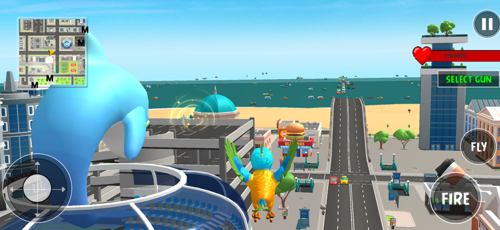 Wings of the City - Sky Hero - A bird character flying over a colorful 3D city landscape with buildings and a beach in Wings of the City Sky Hero