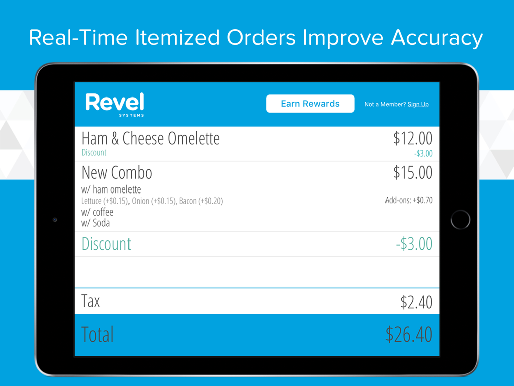Revel CDS - 2.79 - Revel CDS customer-facing iPad screen showing a real-time itemized order list and rewards button
