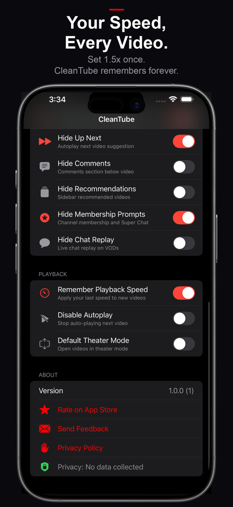 CleanTube: Distraction Blocker - Interfaz de configuración de CleanTube para bloquear distracciones y recordar la velocidad de reproducción de video.